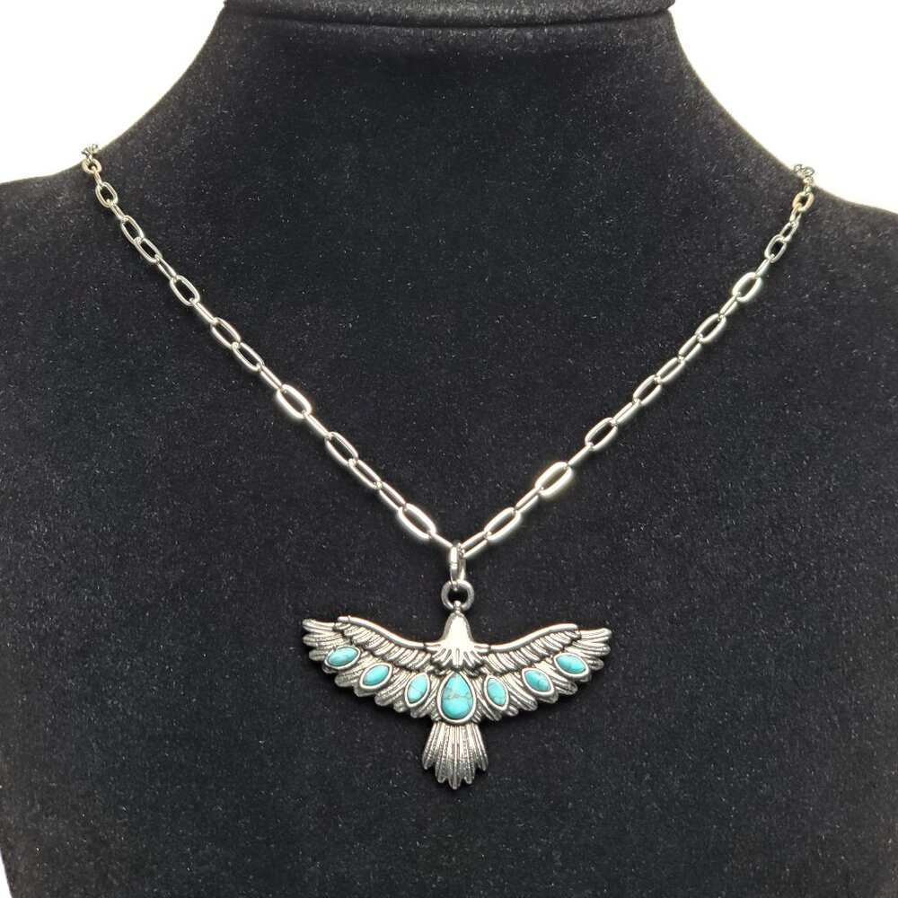 925 Sterling Silver Womens Turquoise Eagle Pendant Paperclip Necklace Jewelry